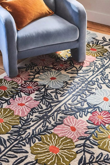 Handmade Wool Rug, Hand-Tufted Colorful Floral Botanical Pattern, Modern Living Room Carpet