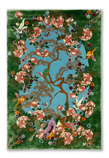 Hand- Tufted Floral Wool Rug – Tree of Life with Birds & Butterflies, Luxury Pictorial Carpet in Green & Blue