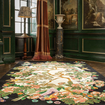Hand-Tufted Tree of Life Wool Rug – Black & Ivory Floral Pictorial Carpet with Birds, Luxury Statement Area Rug