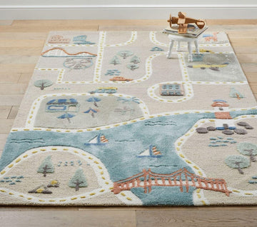 Storybook Town Play Rug, Soft Kids Car Road Rug, Nursery and Playroom Traffic Play Mat, Rectangle Gift for Kids Room