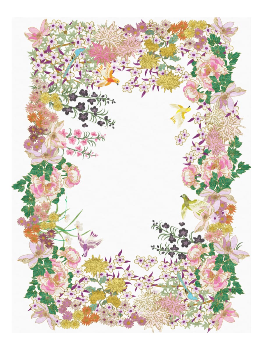 Hand-Knotted Floral Border Wool Rug – Ivory Center with Multicolor Flowers & Birds, Luxury Artistic Carpet