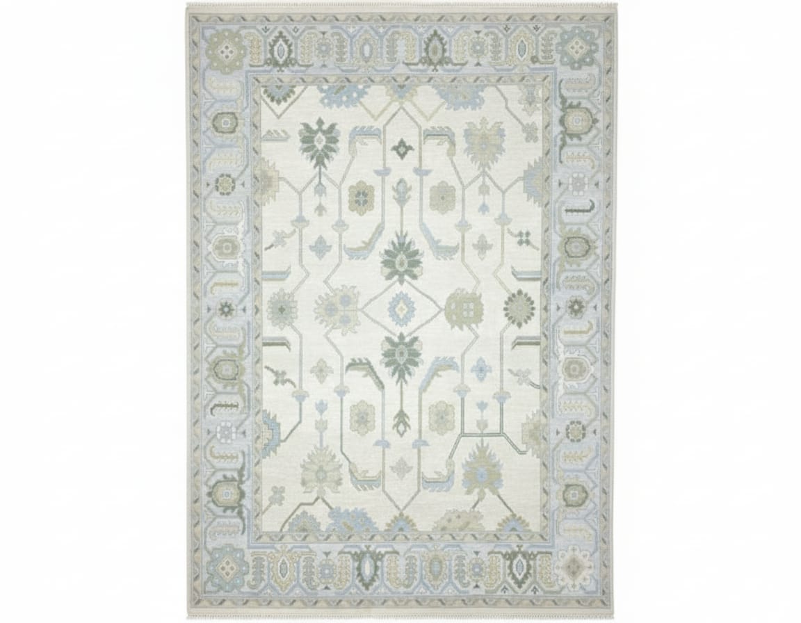 Turkish Hand-Knotted Oushak Rug – Vintage-Style Wool Carpet in Soft Blue & Sage Green | Handmade Oriental Area Rug