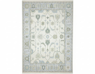 Turkish Hand-Knotted Oushak Rug – Vintage-Style Wool Carpet in Soft Blue & Sage Green | Handmade Oriental Area Rug