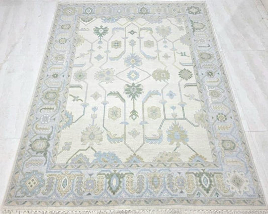 Turkish Hand-Knotted Oushak Rug – Vintage-Style Wool Carpet in Soft Blue & Sage Green | Handmade Oriental Area Rug
