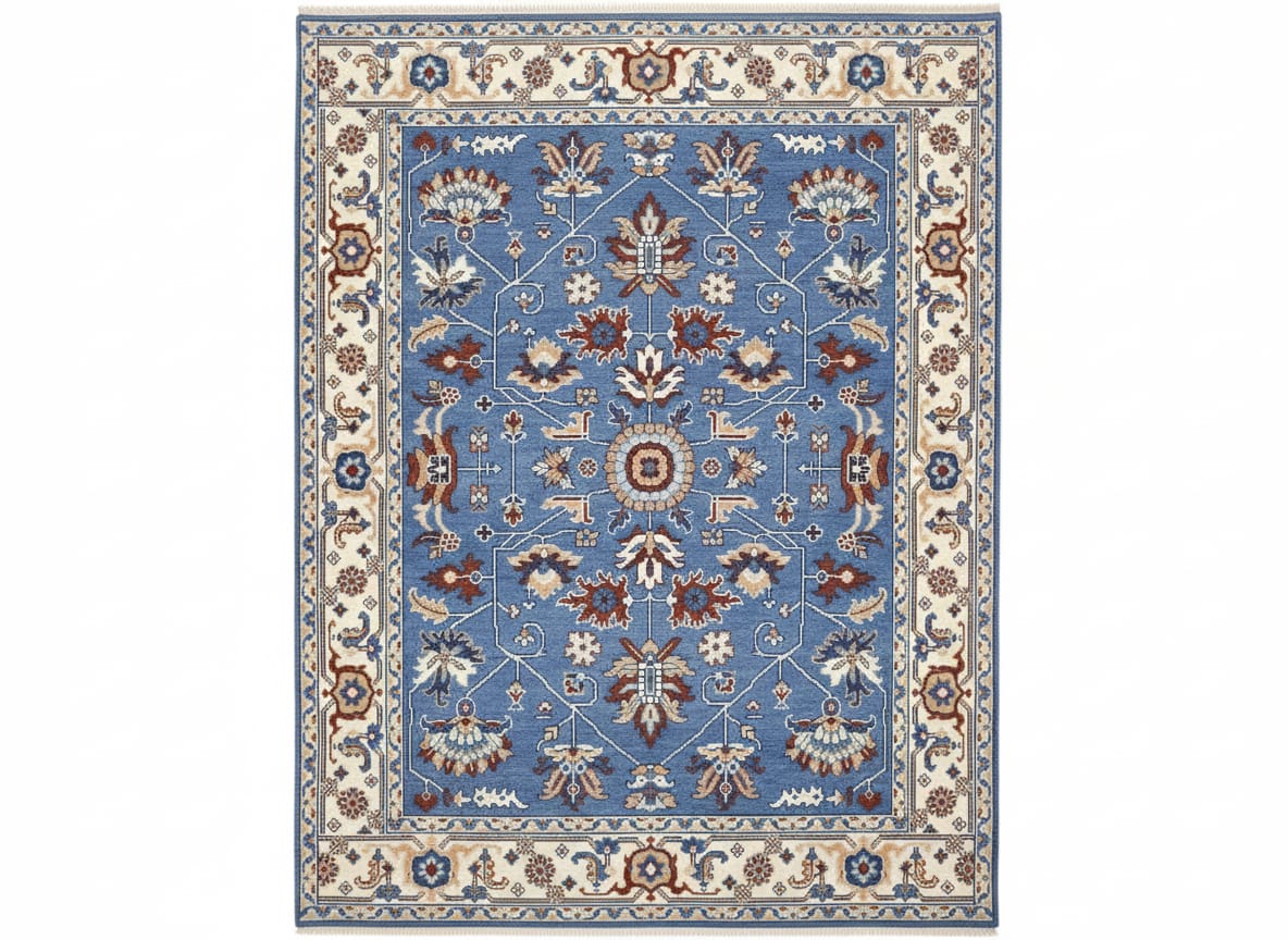 Hand-Knotted Blue Oushak Rug – Turkish Wool Area Carpet | Traditional Oriental Vintage-Style Handmade Rug