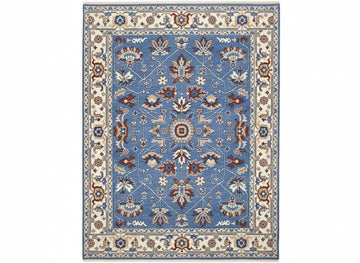 Hand-Knotted Blue Oushak Rug – Turkish Wool Area Carpet | Traditional Oriental Vintage-Style Handmade Rug