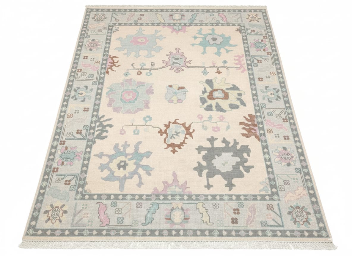 Hand Knotted Oushak Rug | Ivory Beige Wool Area Rug | Pastel Blue & Pink Turkish Oriental Carpet