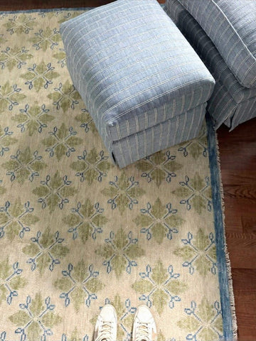 Hand-Knotted Wool Area Rug – Green & Blue Geometric Floral Design | Modern Oriental Handmade Carpet for Living Room & Bedroom Décor