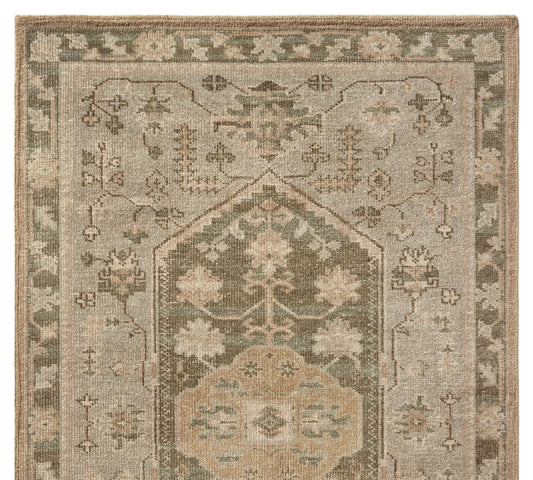 Vintage-Style Marietta Hand Knotted Wool Rug – Neutral Beige & Sage Green Medallion Design Inspired Carpet