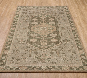 Vintage-Style Marietta Hand Knotted Wool Rug – Neutral Beige & Sage Green Medallion Design Inspired Carpet