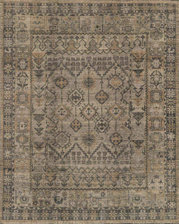 Hand-Knotted Vintage Area Rug – Faded Grey, Beige & Olive Tribal Geometric Design, Distressed Turkish-Inspired Carpet