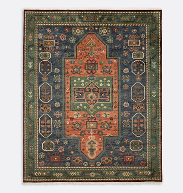 Hand-Knotted Tribal Wool Rug – Rust, Navy & Green Geometric Design, Traditional Kazak-Inspired Carpet
