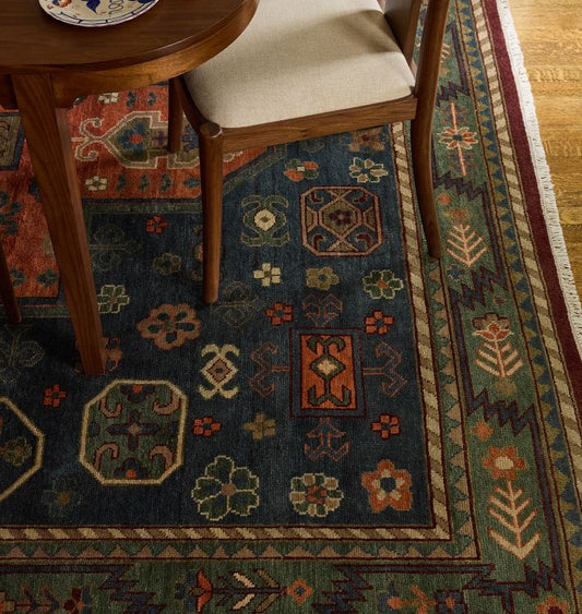 Hand-Knotted Tribal Wool Rug – Rust, Navy & Green Geometric Design, Traditional Kazak-Inspired Carpet