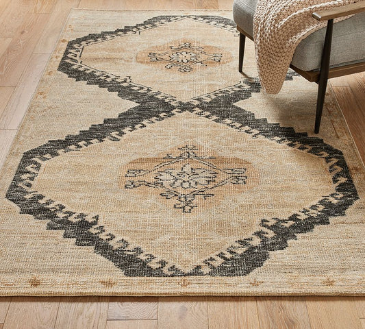 Beige And Black Demitria Hand-Knotted Wool Rug | Accent Rug for Living Room or Bedroom| Soft Oriental Area Rug Vintage rug