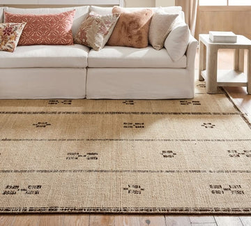 Hand-Knotted Calliope Wool Area Rug | Beige & Dark Brown Geometric Pattern | Indo-Turkish Vintage Accent Carpet