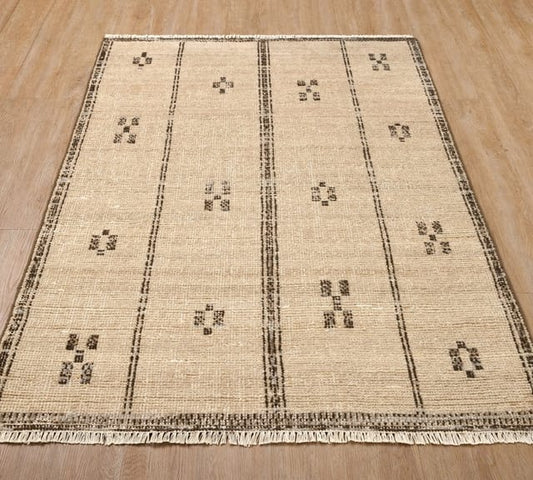 Hand-Knotted Calliope Wool Area Rug | Beige & Dark Brown Geometric Pattern | Indo-Turkish Vintage Accent Carpet