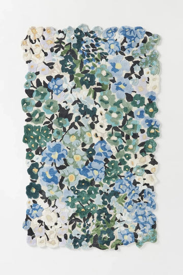 Hand-Tufted Floral Wool Viscose Rug Blue Green Ivory Modern  Carpet