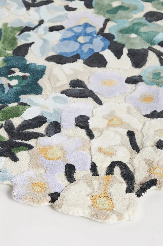 Hand-Tufted Floral Wool Viscose Rug Blue Green Ivory Modern  Carpet