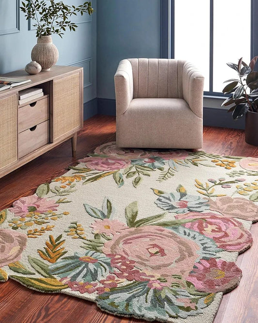 Designer Hand-Tufted Wool Area Rug with Painterly Floral Motifs and Soft Rounded Edges