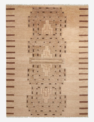 Saffron Hand-Knotted Wool Rug – Warm Beige & Brown Minimal Geometric Design with Subtle Tribal Motifs