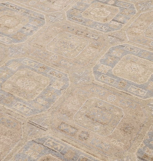Freja Hand-Knotted Wool Rug – Soft Beige & Grey Vintage Geometric Design with Subtle Distressed Finish