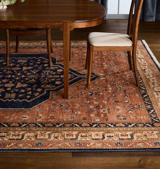 Gretna Hand-Knotted Wool Rug – Warm Rust & Navy Traditional Floral Design with Classic Border Detailing