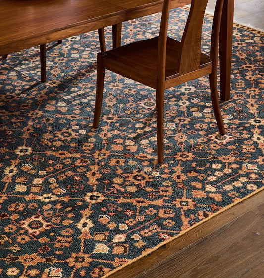 Runa Hand-Knotted Wool Rug – Deep Navy & Rust Traditional Floral Lattice Design with Timeless Appeal