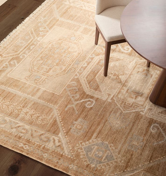 Sylvie Hand-Knotted Wool Rug – Warm Sand & Ivory Subtle Geometric Design with Vintage-Inspired Texture