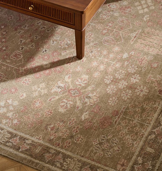 Margaret Hand-Knotted Wool Rug – Soft Beige & Blush Vintage Geometric Pattern with Subtle Distressed Finish
