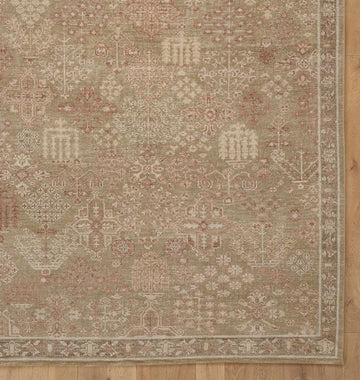 Margaret Hand-Knotted Wool Rug – Soft Beige & Blush Vintage Geometric Pattern with Subtle Distressed Finish