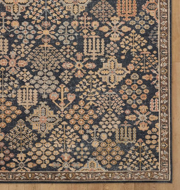 Margaret Hand-Knotted Wool Rug – Deep Navy & Warm Beige Vintage Floral-Geometric Design with Classic Border