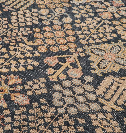 Margaret Hand-Knotted Wool Rug – Deep Navy & Warm Beige Vintage Floral-Geometric Design with Classic Border