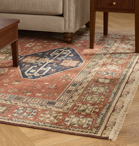 Goldie Hand-Knotted Wool Rug – Rich Rust, Olive & Navy Tribal Medallion Design with Traditional Border