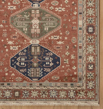 Goldie Hand-Knotted Wool Rug – Rich Rust, Olive & Navy Tribal Medallion Design with Traditional Border