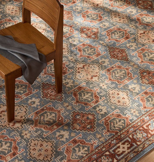 Leona Hand-Knotted Wool Rug – Soft Blue, Rust & Ivory Traditional Geometric Pattern with Classic Border