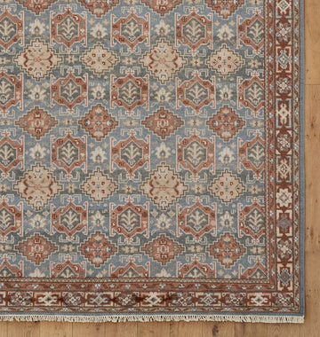 Leona Hand-Knotted Wool Rug – Soft Blue, Rust & Ivory Traditional Geometric Pattern with Classic Border