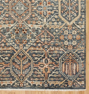 Hand-Knotted Wool Rug – Deep Blue & Soft Gold Intricate Floral-Geometric Design with Classic Artisan Detail