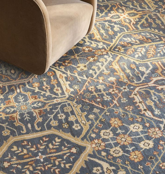 Hand-Knotted Wool Rug – Deep Blue & Soft Gold Intricate Floral-Geometric Design with Classic Artisan Detail