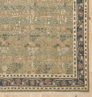 Vogel Hand-Knotted Wool Rug – Olive Green & Blue Heritage Floral Design with Classic Border Detail