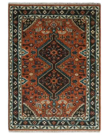 Traditional Hand-Knotted Wool Rug in Rust Orange with Geometric Tribal Medallion Design