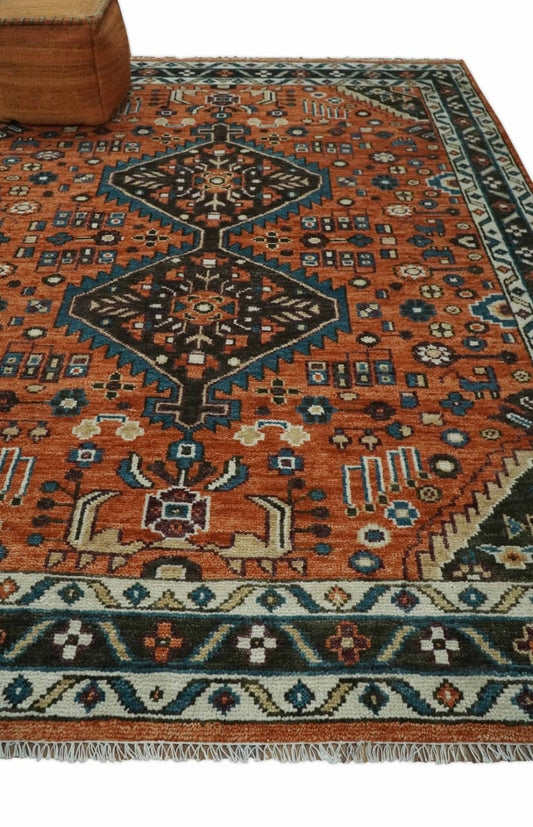 Traditional Hand-Knotted Wool Rug in Rust Orange with Geometric Tribal Medallion Design