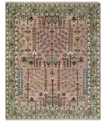 Heriz Serapi Style Hand-Knotted Wool Rug in Blush Pink with Floral Tree Motifs