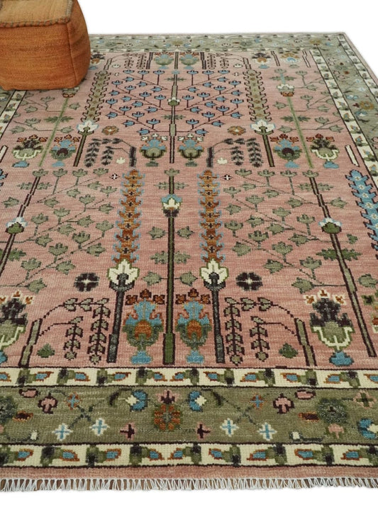 Heriz Serapi Style Hand-Knotted Wool Rug in Blush Pink with Floral Tree Motifs