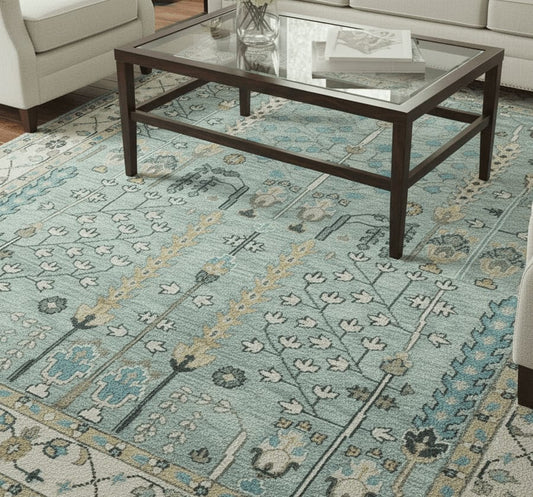 Heriz Serapi Style Hand-Knotted Wool Rug in Soft Blue & Sage with Botanical Tree Motifs