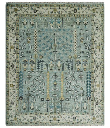 Heriz Serapi Style Hand-Knotted Wool Rug in Soft Blue & Sage with Botanical Tree Motifs