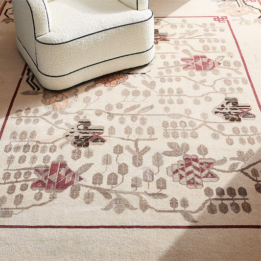 Fiora Hand-Knotted Wool Rug in Soft Ivory with Delicate Floral & Vine Motifs