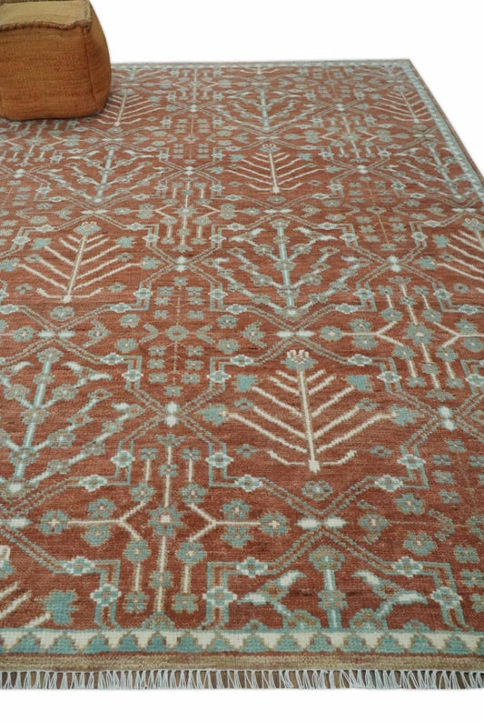 Hand-Knotted Wool Rug in Rust & Soft Blue with Geometric Tree Motifs
