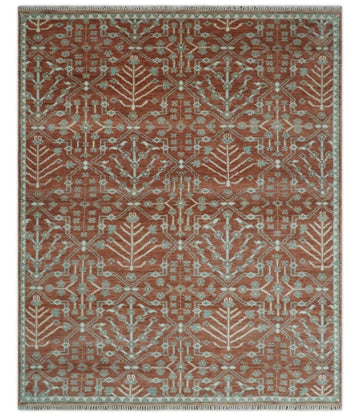 Hand-Knotted Wool Rug in Rust & Soft Blue with Geometric Tree Motifs