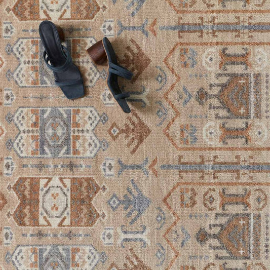 Tamasi Hand-Knotted Wool Rug in Warm Beige with Tribal Geometric Motifs