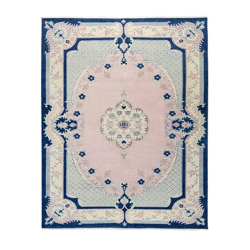 Hand-Knotted Wool Rug in Soft Blush Pink & Navy with Elegant Floral Medallion Design